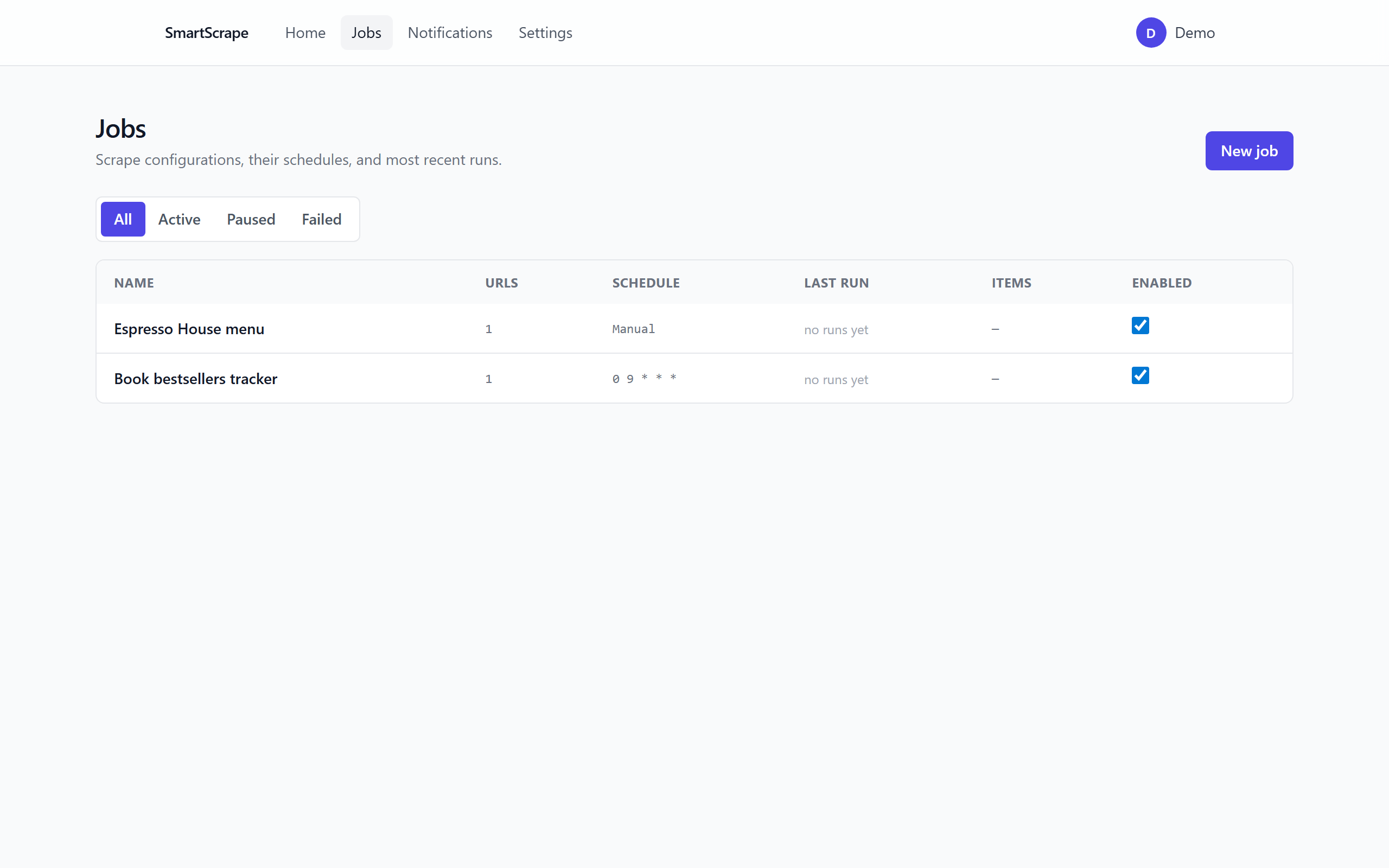 SmartScrape jobs list view