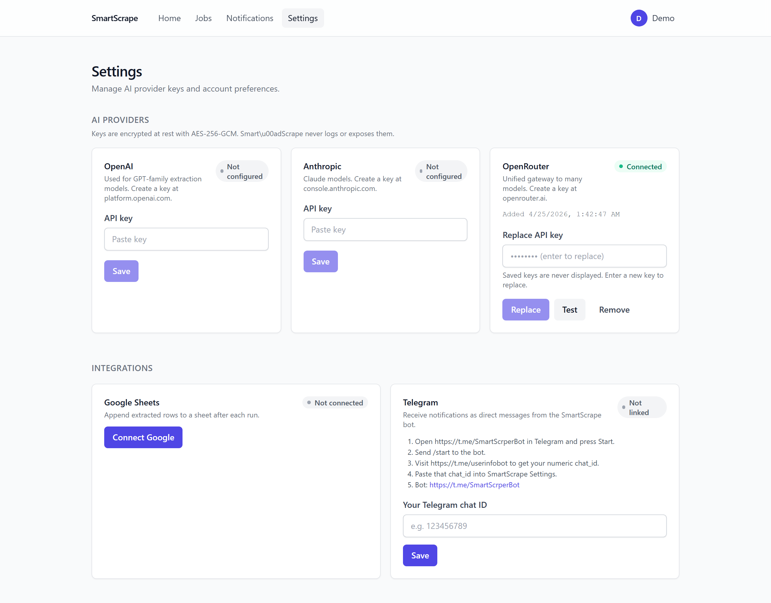 SmartScrape settings view