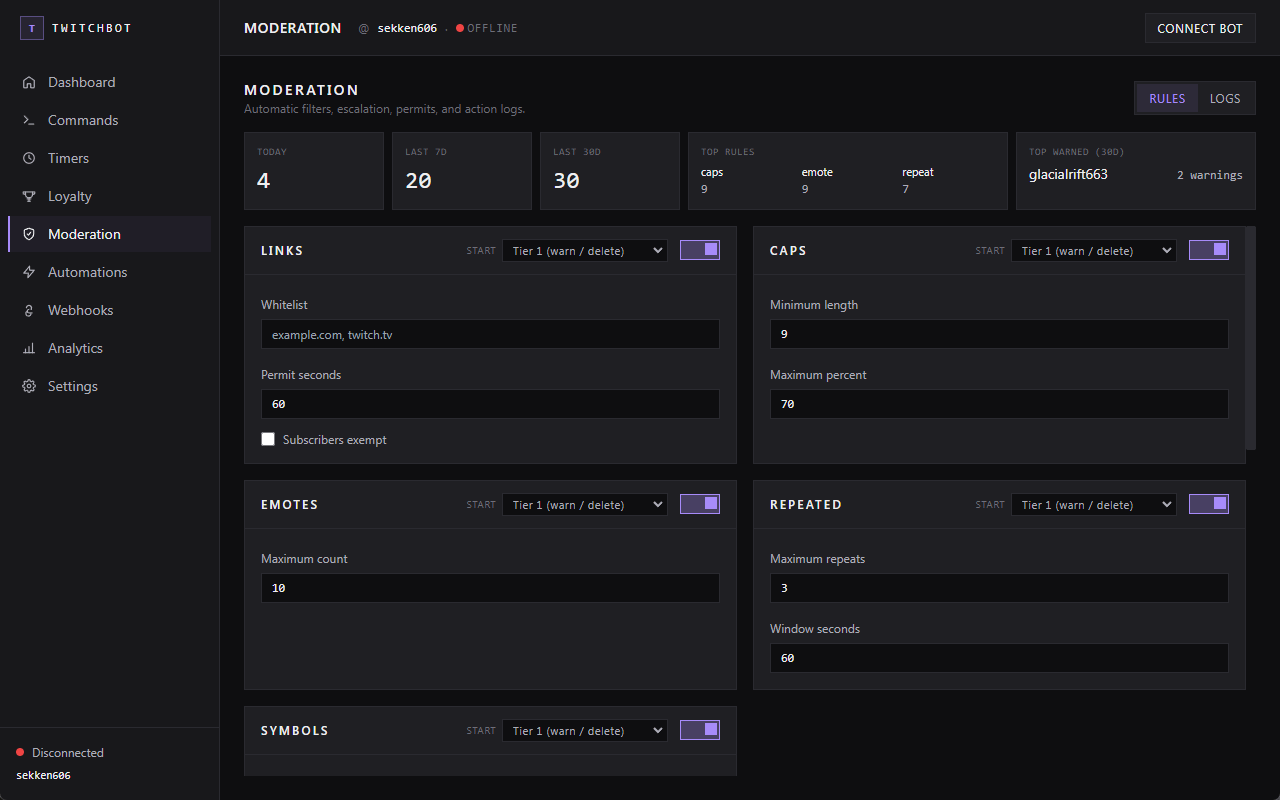TwitchBot moderation page