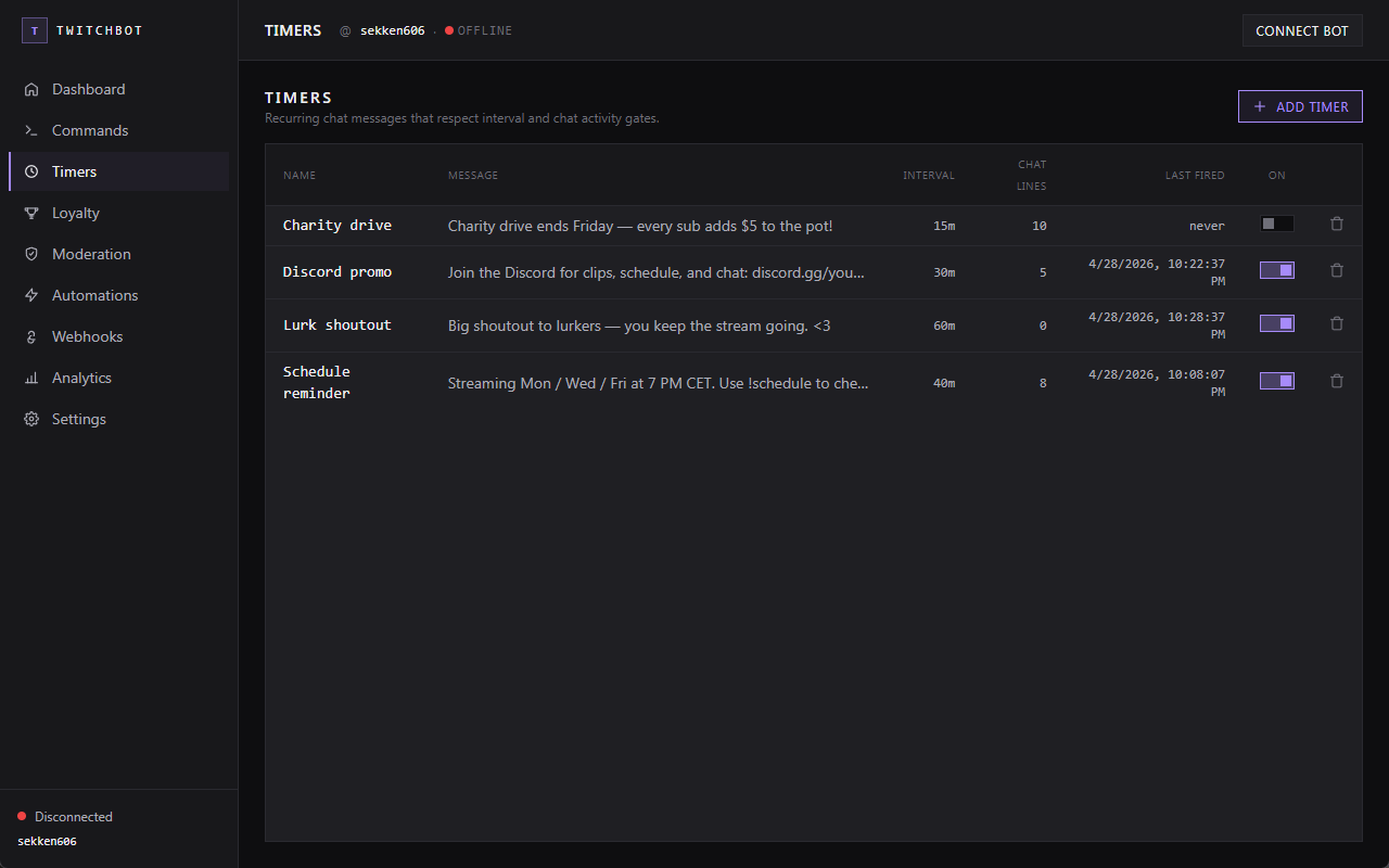 TwitchBot timers page